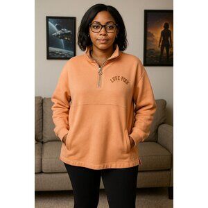Victoria’s Secret PINK Orange Glitter Logo Half Zip Pullover Sweatshirt Womens L